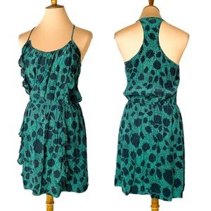 Parker silk teal green ruffled mini dress, Large